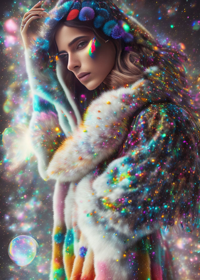 Colorful Sparkling Hooded Garment in Cosmic Starry Setting