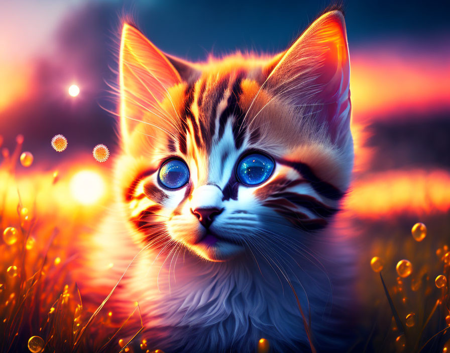 Digital Art: Adorable Kitten with Blue Eyes in Magical Sunset Field