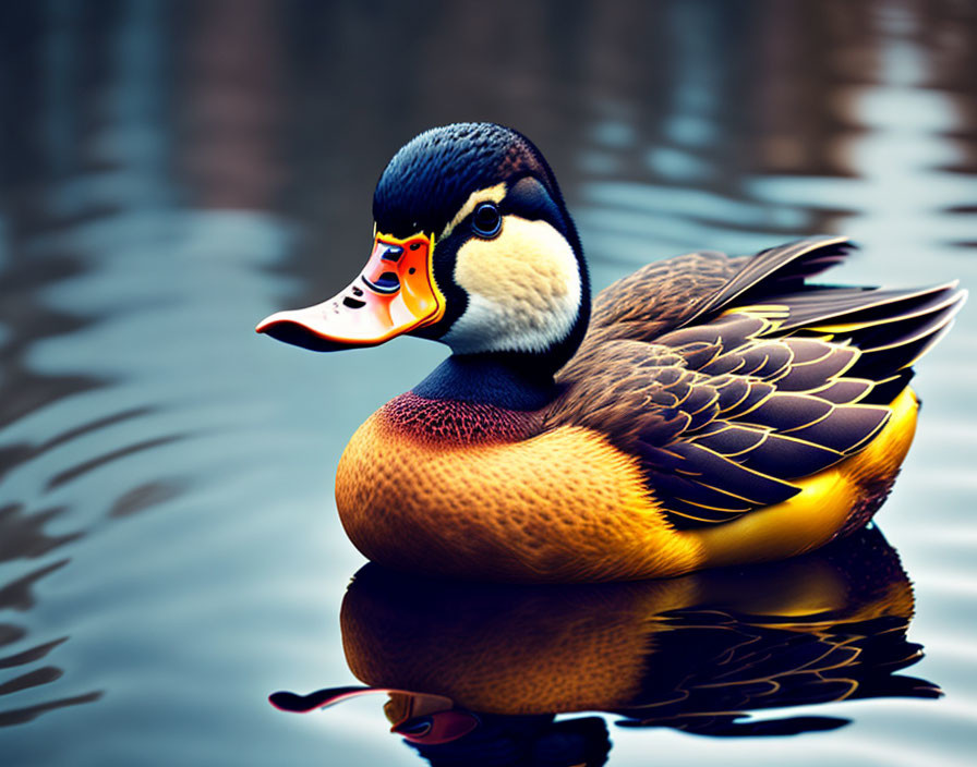 Vibrant mandarin duck on serene water with reflection