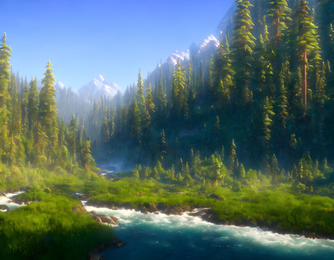 Tranquil Forest Landscape with River and Mountains