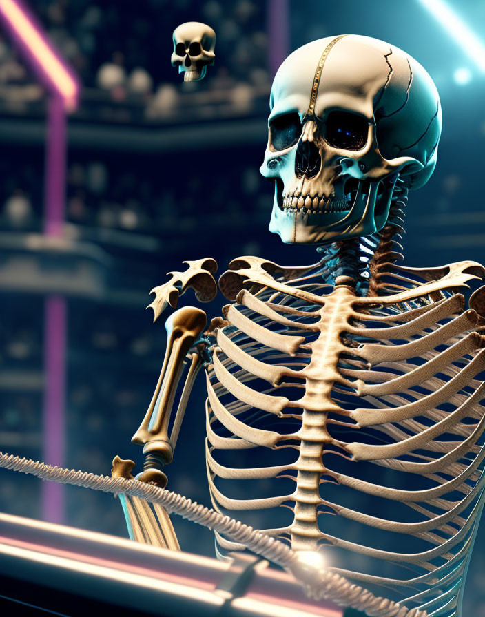 3D-rendered skeleton DJ with headphones at turntable in neon lights