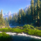 Tranquil Forest Landscape with River and Mountains