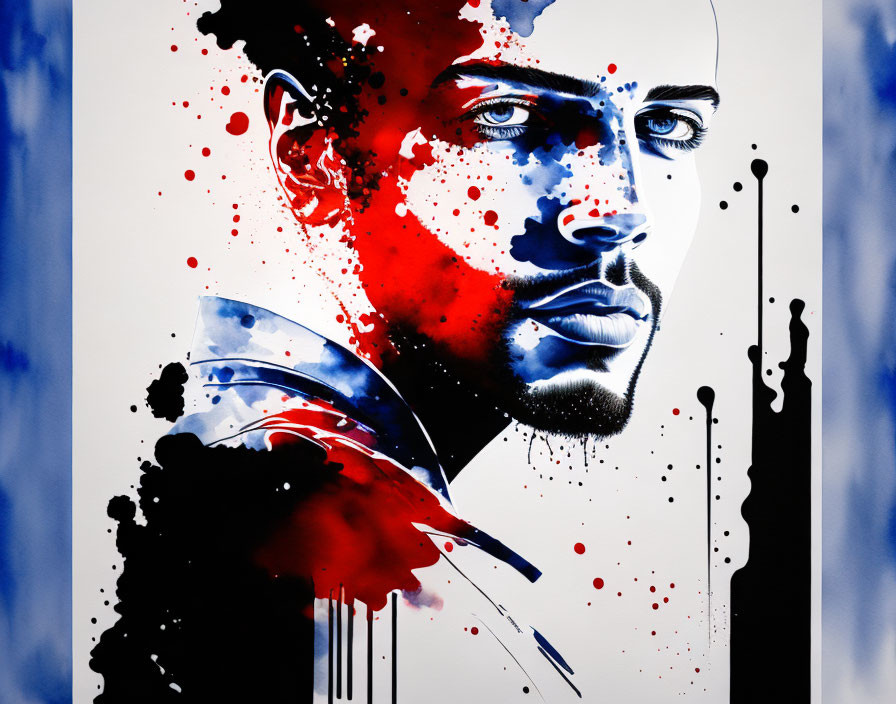 Stylized portrait with red and blue ink splashes on white background