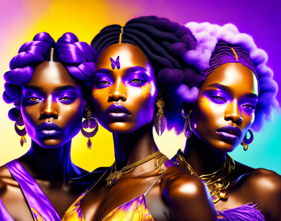 Vibrant purple and yellow makeup on three women with gold jewelry against colorful backdrop