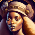 Digital artwork of woman with golden makeup, flower hat, jewelry, and cat.