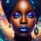 Digital Artwork: Woman with Galaxy-Themed Makeup and Cosmic Background