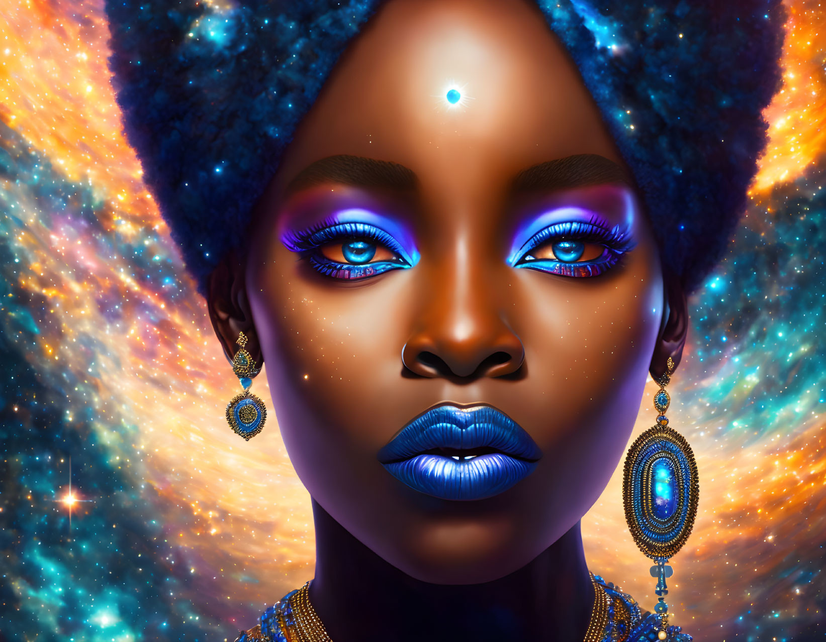 Digital Artwork: Woman with Galaxy-Themed Makeup and Cosmic Background