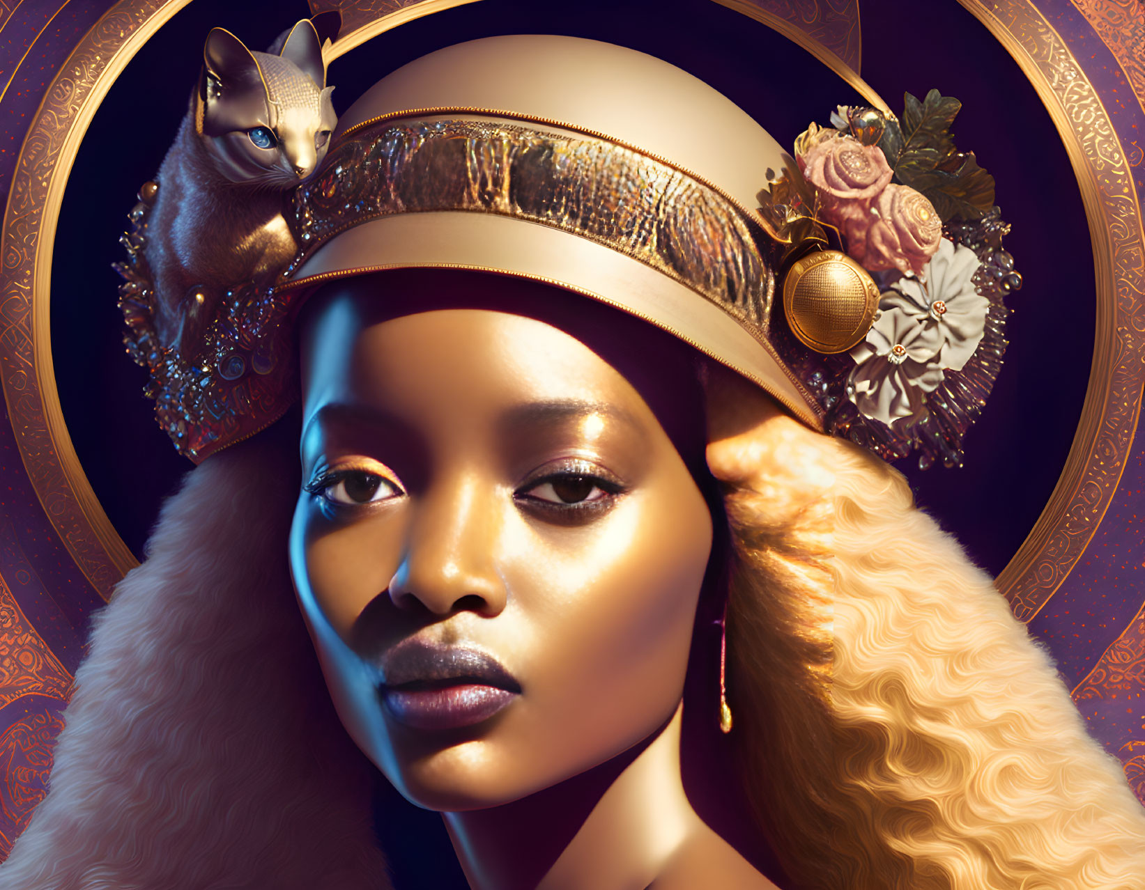 Digital artwork of woman with golden makeup, flower hat, jewelry, and cat.