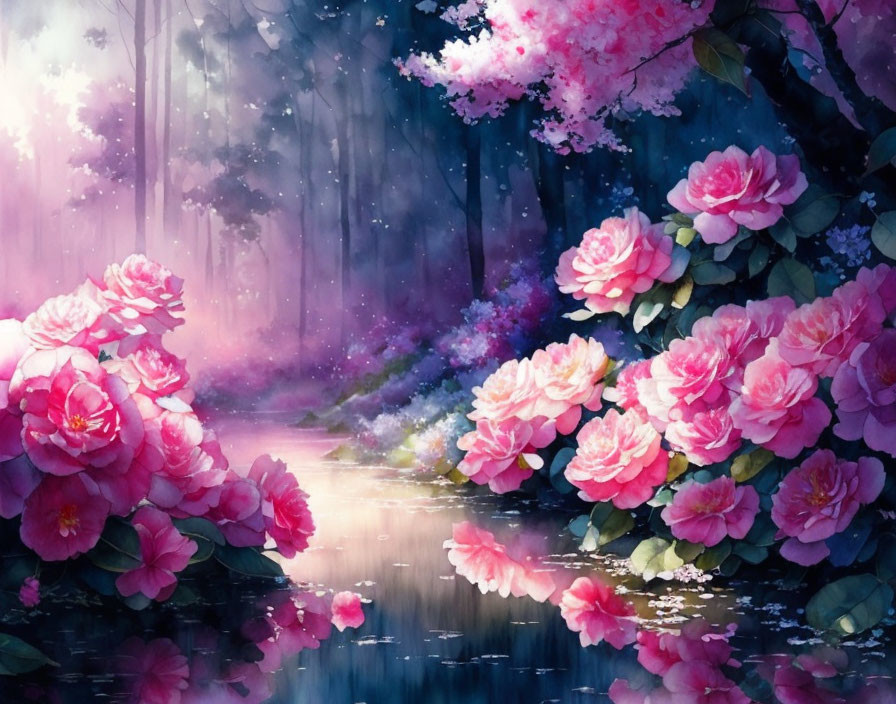 Dreamy forest digital artwork with pink flowers and serene water reflection