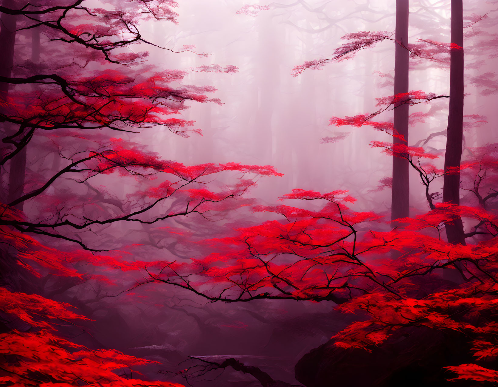 Misty red forest with red-leafed trees in soft sunlight