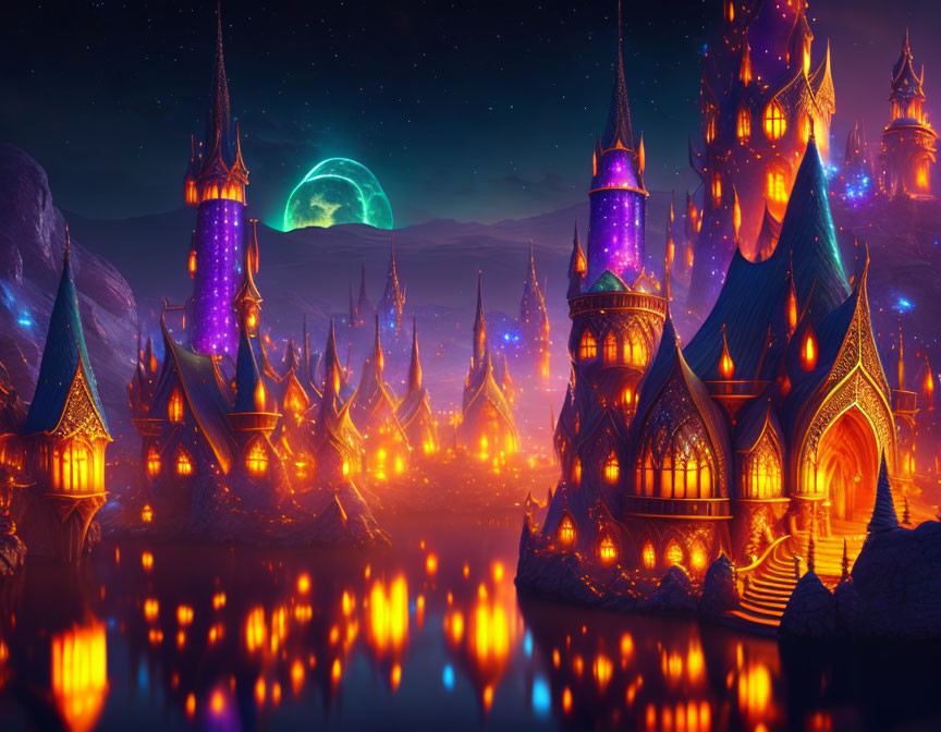 Fantastical illuminated city with towering spires under starry night sky