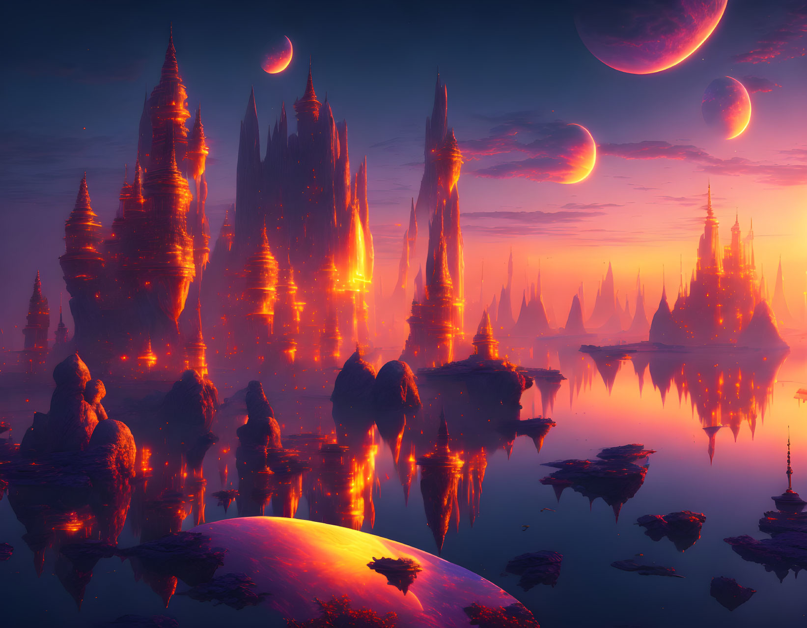 Fantastical landscape with towering spires and multiple moons in the sky