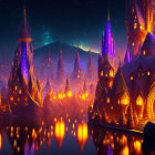 Fantastical illuminated city with towering spires under starry night sky