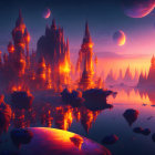 Fantastical landscape with towering spires and multiple moons in the sky