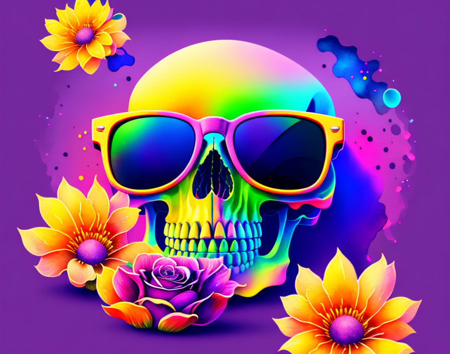 Colorful Skull with Sunglasses and Neon Flowers on Purple Background