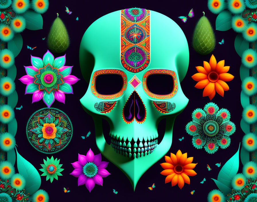 Vibrant Day of the Dead Skull Illustration with Colorful Flowers