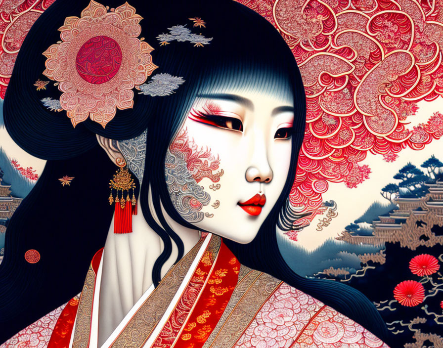 Intricate red and gold patterned woman in traditional East Asian attire