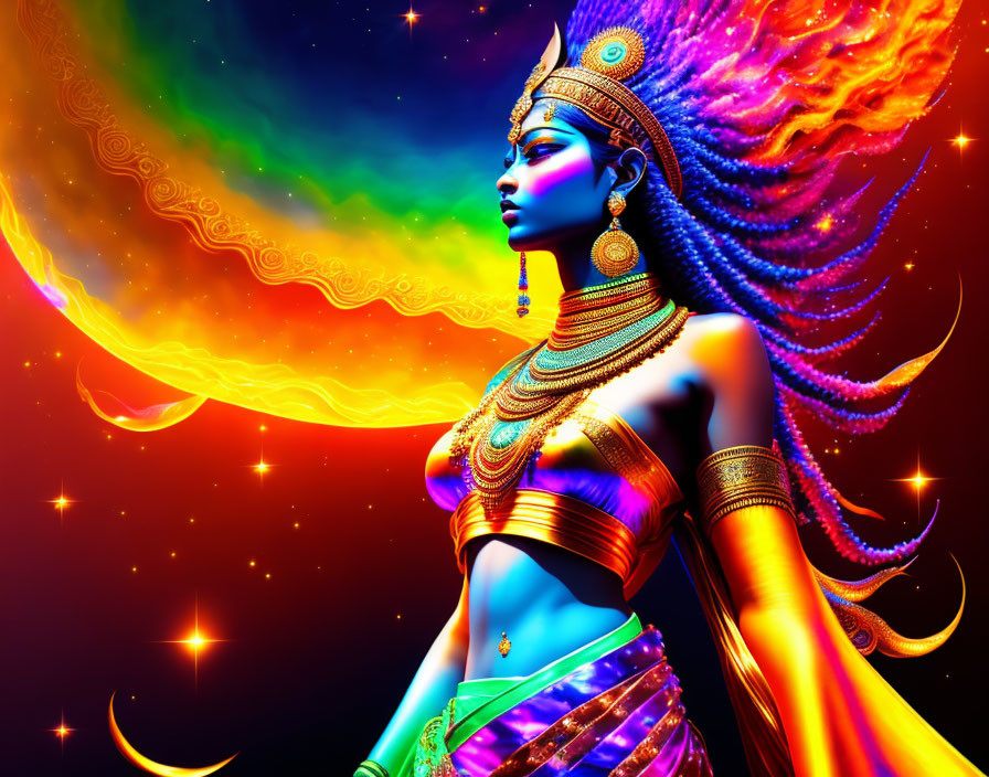 Blue-skinned woman with gold accessories in cosmic setting