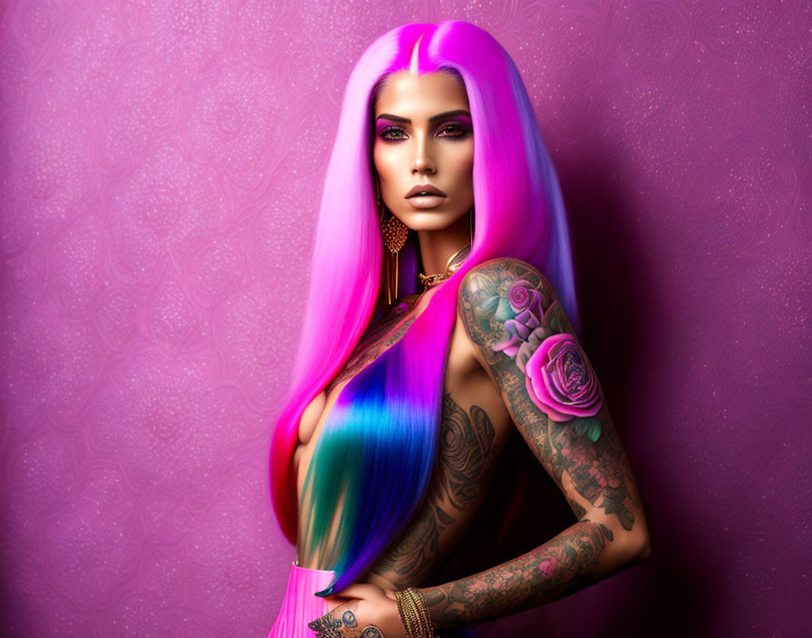 Digital artwork: Woman with pink-to-blue hair, tattoos, gold jewelry on textured pink background