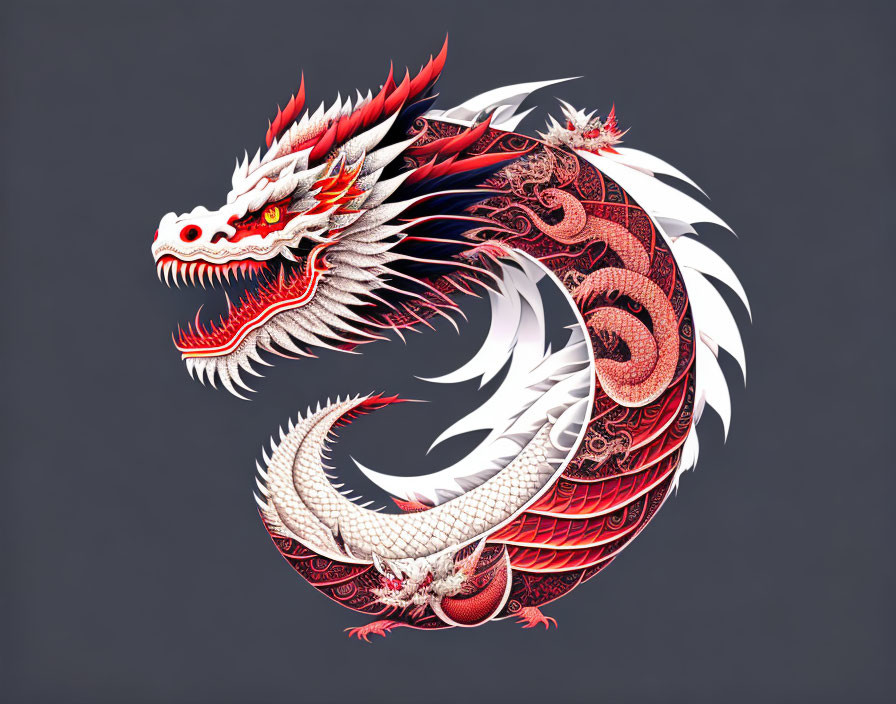 Vivid Red and White Dragon Artwork on Dark Background