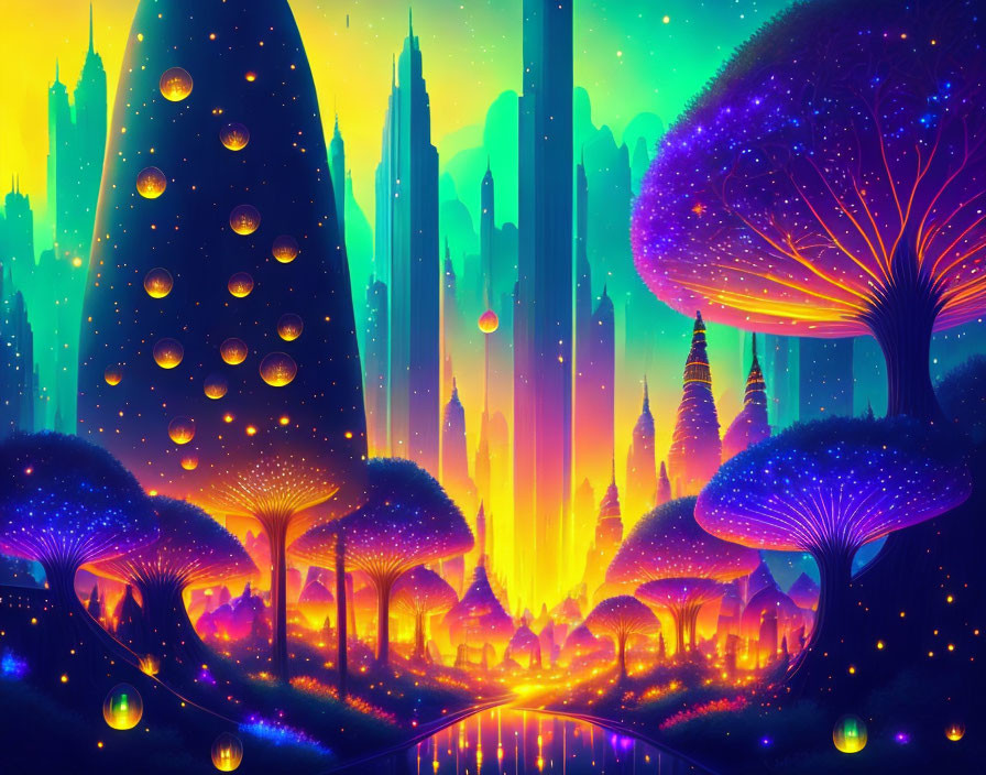 Colorful fantasy cityscape with glowing tree-like structures and starlit sky