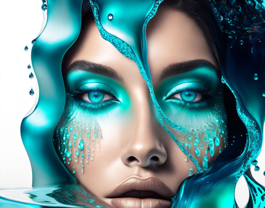 Vibrant digital artwork of woman with blue eyes and turquoise liquid splashes