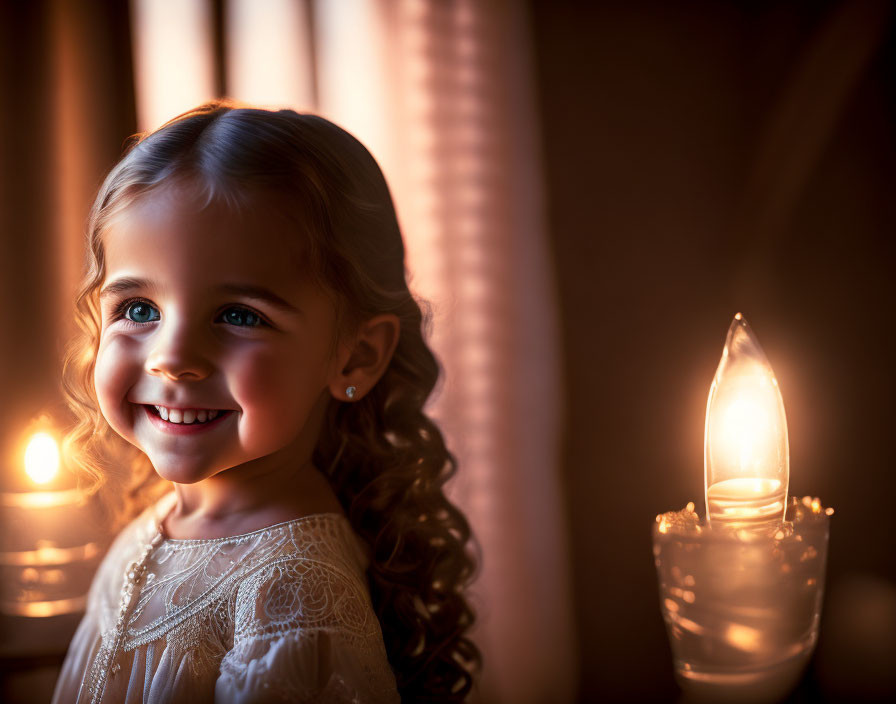 Curly-Haired Girl Smiling in Candlelight