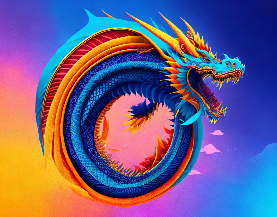 Stylized dragon in circular shape on vibrant blue and purple gradient.