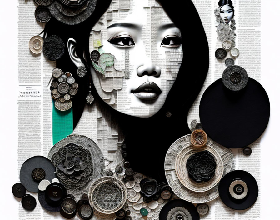 Monochromatic woman's face collage with folded paper designs on newspaper background