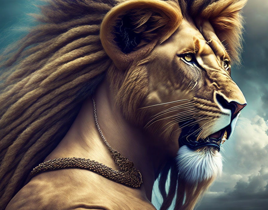 Majestic lion digital artwork with thick golden mane and contemplative gaze