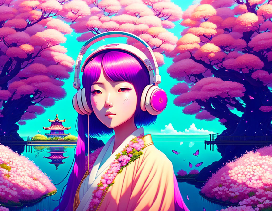 Colorful illustration: Girl with purple hair, headphones, kimono, pink blossoms, pagoda