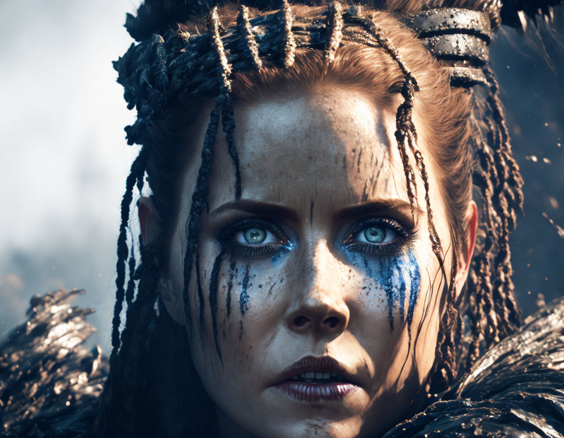 Striking blue-eyed woman in warrior makeup and feathered costume