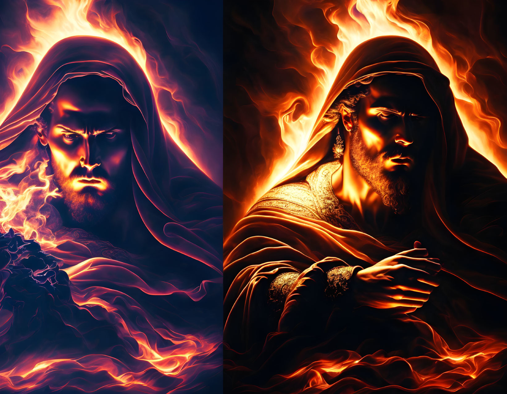 Fiery male figures in vibrant artwork with swirling flames