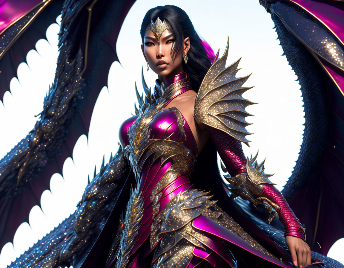 Armored woman with dragon-like wings in golden and purple suit