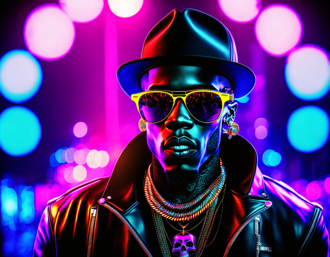 Man with Fedora, Sunglasses, Leather Jacket, Neon Lights Portrait