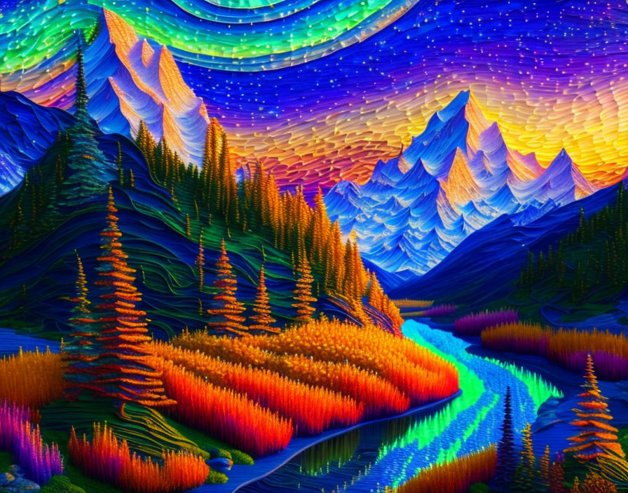 Colorful Landscape with Swirling Skies and Mountain Ranges