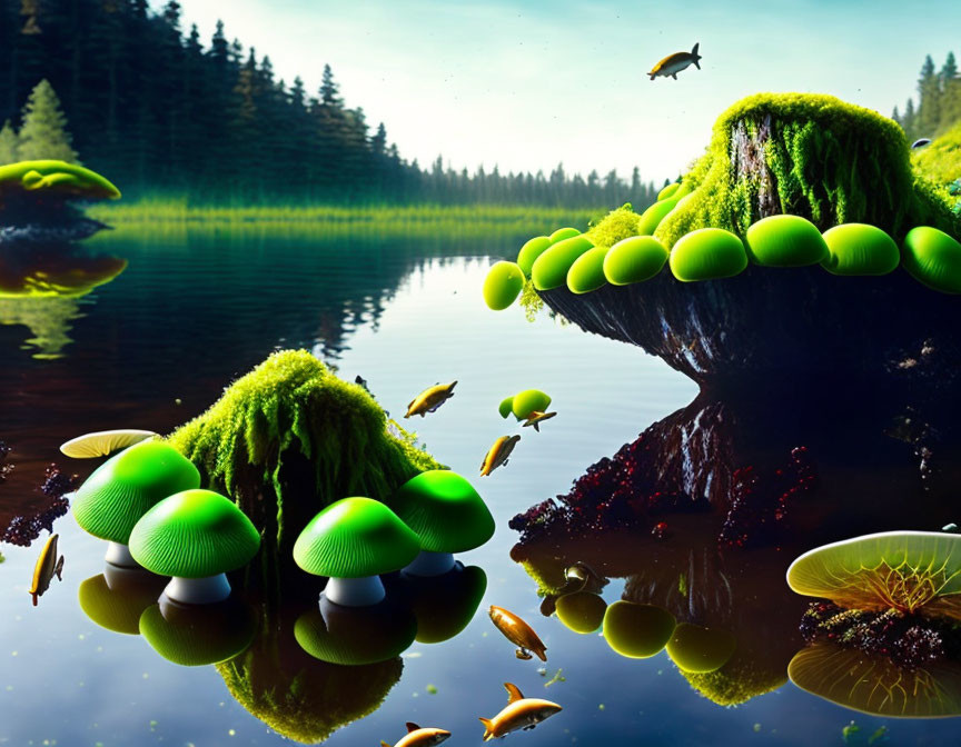 Surreal landscape with green mushroom-like growths, flying golden fish, and reflective lake.