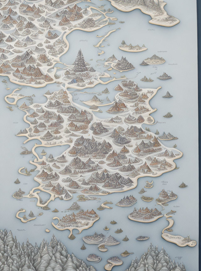 Textured 3D map with stylized mountains, islands, and fantasy topography in neutral tones