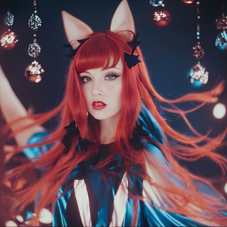 Red-haired woman with cat ears in mystical setting with blue tints and crystal ornaments.