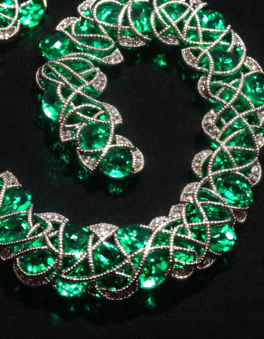 Green Gemstone and Diamond Jewelry with Interlaced Curves on Black Background