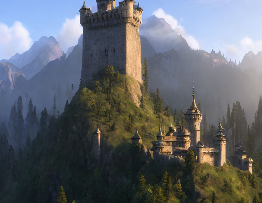 Medieval castle on green hill with forests and mountains at sunrise or sunset