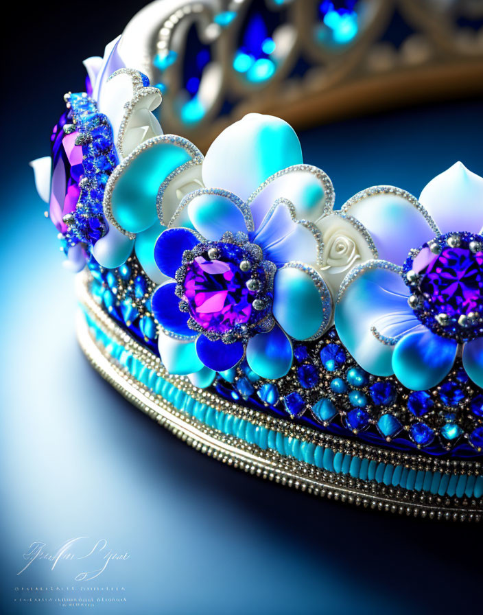 Blue and Purple Jeweled Crown on Pearlescent Metalwork Background