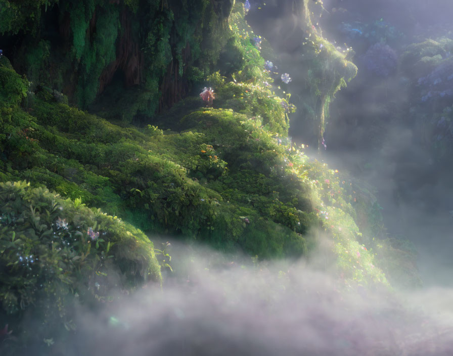 Moss-covered hills in mist with sunbeams: a magical scene