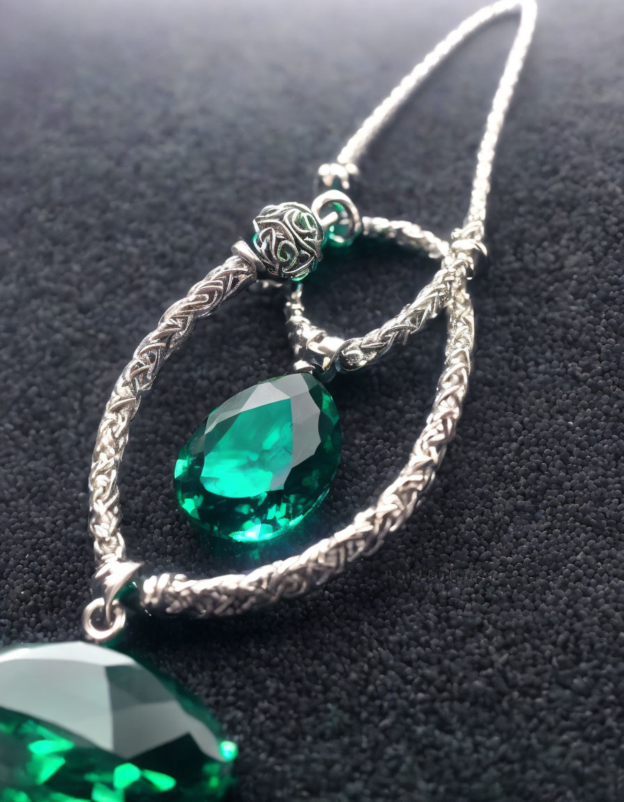 Silver necklace with twisted rope chain and green teardrop gem pendants