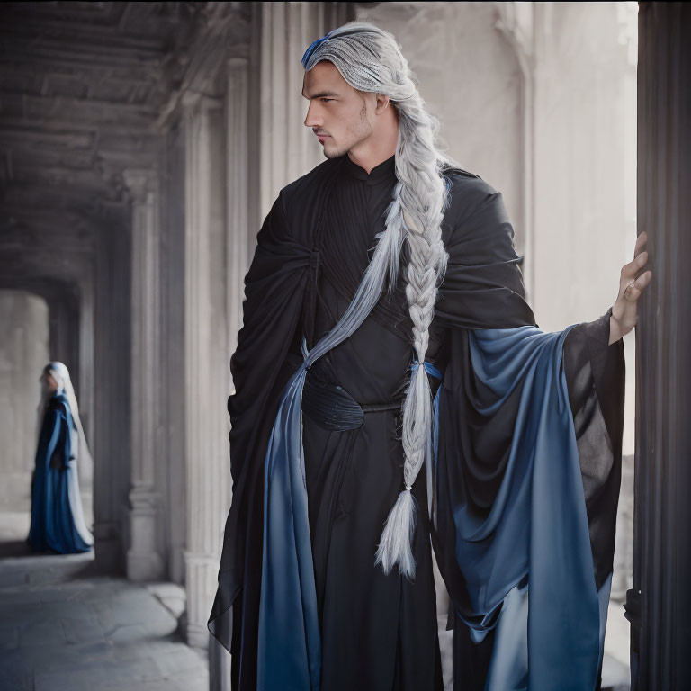 Silver-haired person in medieval attire standing in stone corridor with blue figure.