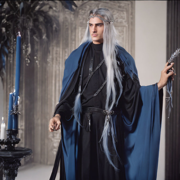 Fantasy-themed character in silver hair, diadem, blue cloak, black attire, holding a scept