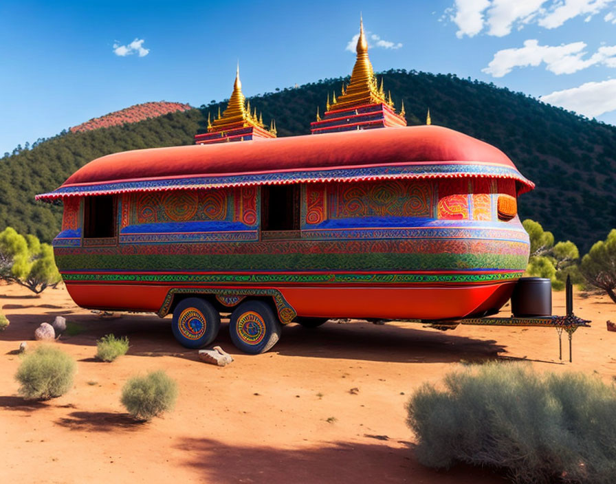 Vibrant, temple-like structure on wheels in desert landscape