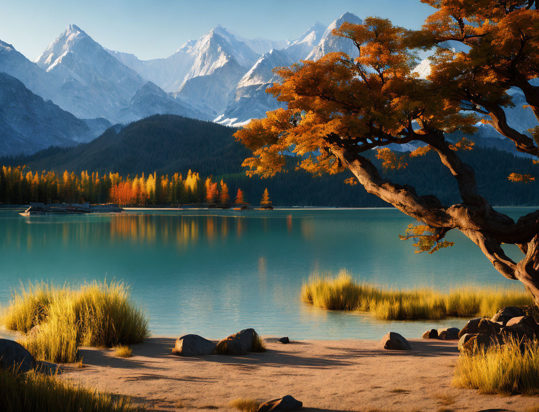 Autumn Foliage by Turquoise Lake with Snow-Capped Mountains