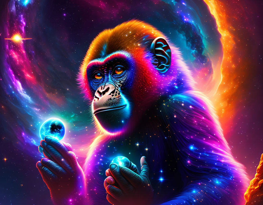 Colorful digital artwork: Monkey in cosmic neon glow