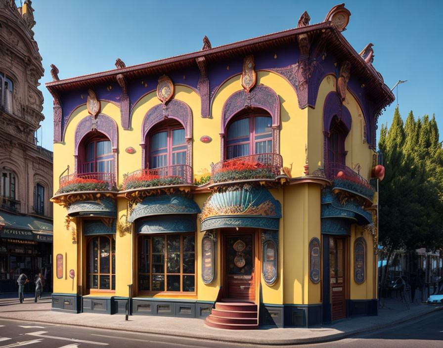 Vibrant yellow and purple Art Nouveau building with rounded balconies